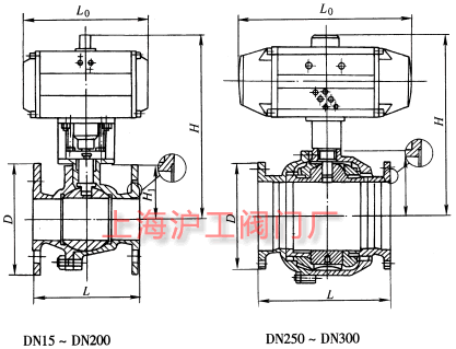 Q641F、Q641Y 型 PN16~PN63 氣動(dòng)球閥主要外形及結(jié)構(gòu)尺寸示意圖