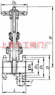Z41T-10C 型法蘭連接鋼制閘閥主要外形及結(jié)構(gòu)尺寸示意圖