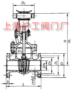 Z941H-16Q、Z941H-25Q 型電動(dòng)楔式鑄鐵閘閥主要外形及結(jié)構(gòu)尺寸示意圖